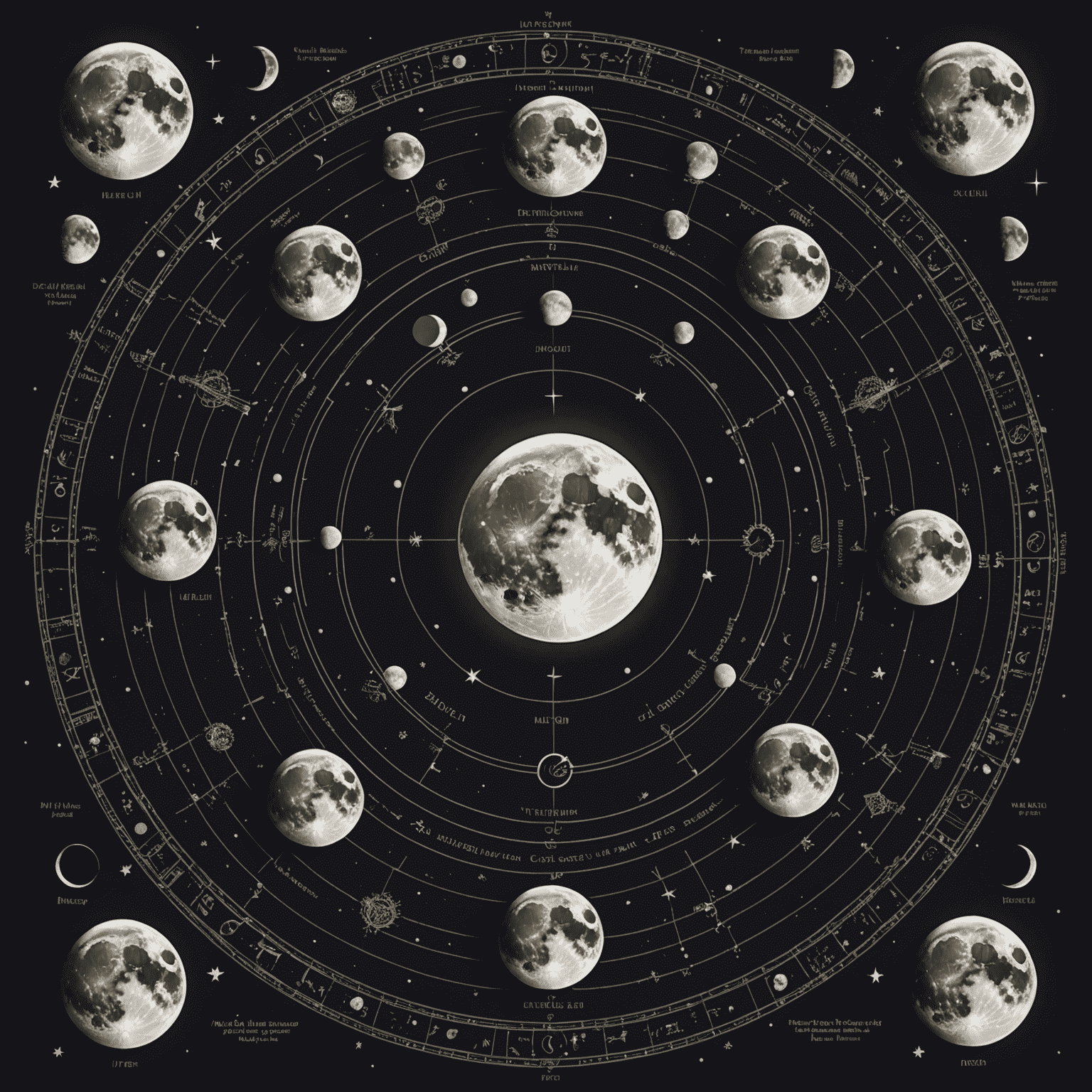 Diagram przedstawiający różne fazy księżyca od nowiu do pełni, z mistycznymi symbolami